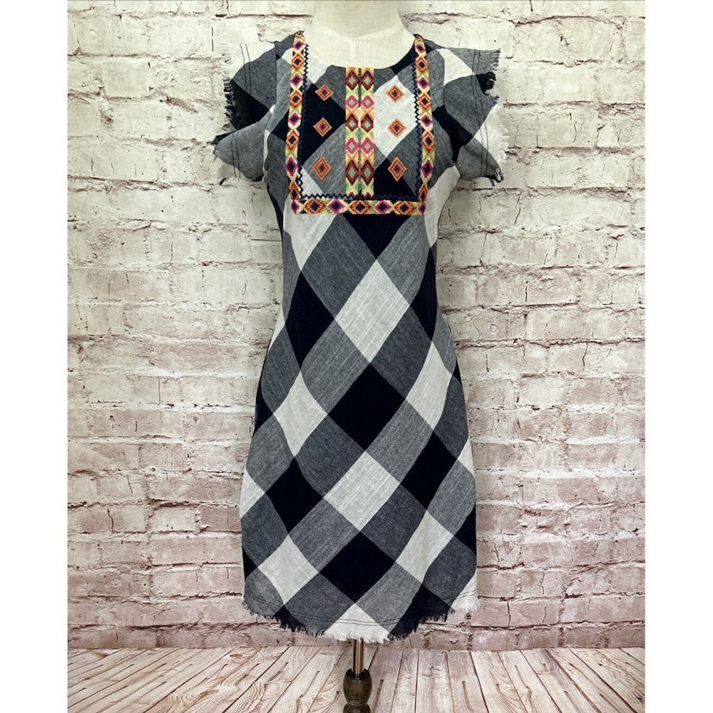 THML Buffalo Check Plaid Navy White Embroidered Sheath Dress Raw Hem Size XS NEW